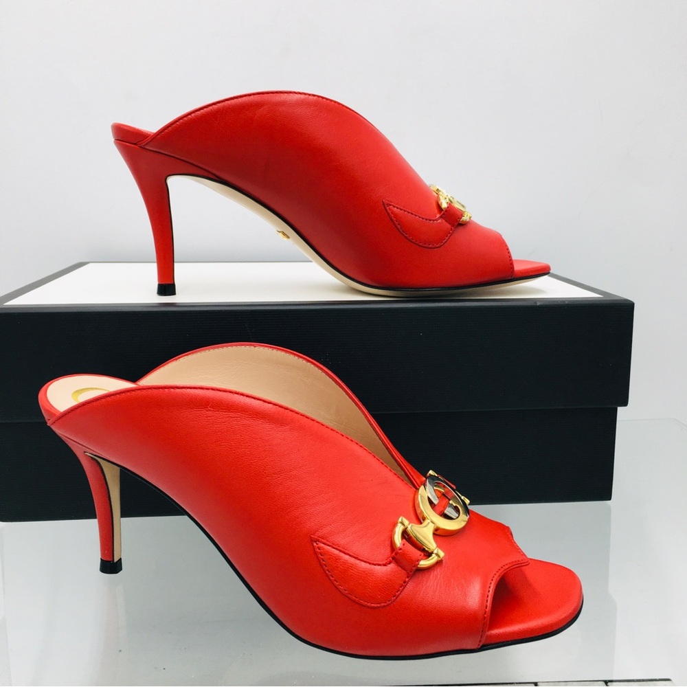 Gucci 602412 C9D00 6634 Red Leather Mid Heel Slide Sandals - Picture 4 of 13